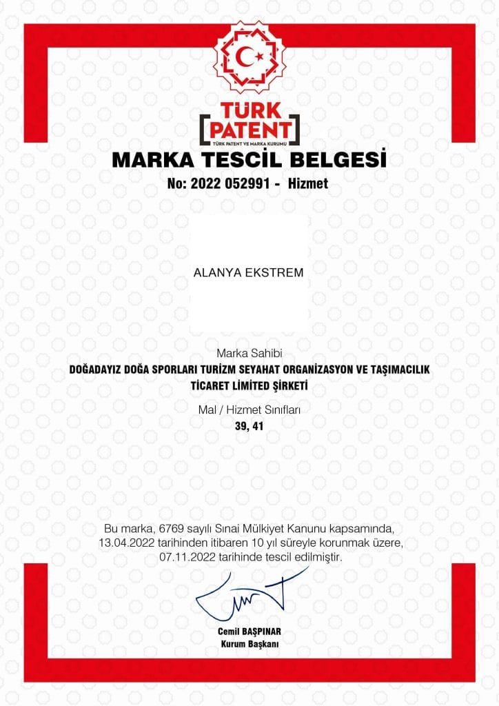 ALANYA EKSTREM MARKA TESCIL BELGESI